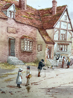 Fine C19th Victorian Watercolour depicting a busy Village Street Scene by J Cox SOLD