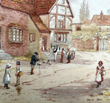 Fine C19th Victorian Watercolour depicting a busy Village Street Scene by J Cox SOLD