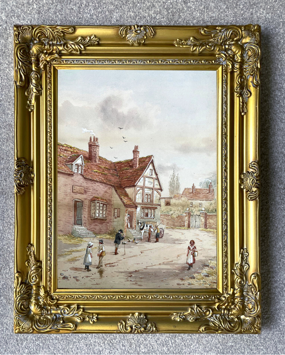 Fine C19th Victorian Watercolour depicting a busy Village Street Scene by J Cox SOLD