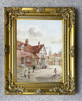 Fine C19th Victorian Watercolour depicting a busy Village Street Scene by J Cox SOLD