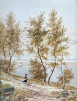 Fine C19th Victorian Watercolour depicting a Girl in a River Landscape Street Scene by J Cox SOLD