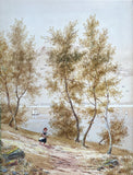 Fine C19th Victorian Watercolour depicting a Girl in a River Landscape Street Scene by J Cox SOLD