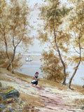 Fine C19th Victorian Watercolour depicting a Girl in a River Landscape Street Scene by J Cox SOLD