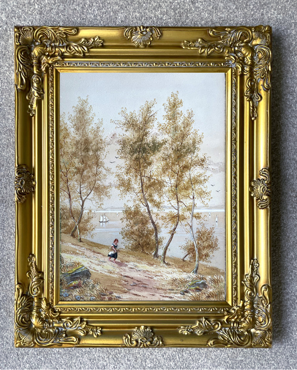 Fine C19th Victorian Watercolour depicting a Girl in a River Landscape Street Scene by J Cox SOLD