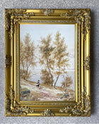 Fine C19th Victorian Watercolour depicting a Girl in a River Landscape Street Scene by J Cox SOLD