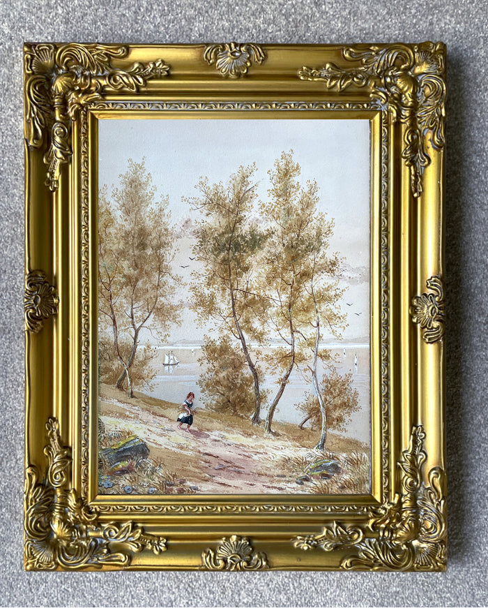 Fine C19th Victorian Watercolour depicting a Girl in a River Landscape Street Scene by J Cox SOLD