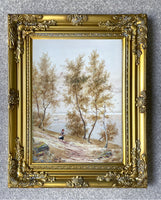 Fine C19th Victorian Watercolour depicting a Girl in a River Landscape Street Scene by J Cox SOLD