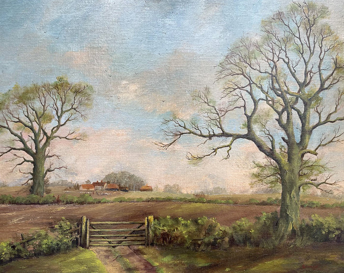 Fine Vintage English School Oil on Canvas Board - Rural Farm with Sheep & Figures in a Landscape SOLD