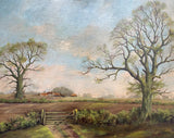 Fine Vintage English School Oil on Canvas Board - Rural Farm with Sheep & Figures in a Landscape
