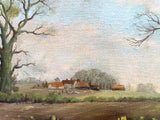 Fine Vintage English School Oil on Canvas Board - Rural Farm with Sheep & Figures in a Landscape