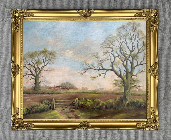 Fine Vintage English School Oil on Canvas Board - Rural Farm with Sheep & Figures in a Landscape