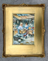 Beautiful Edwardian Italian School Watercolour - "Day at the Market"