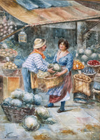 Beautiful Edwardian Italian School Watercolour - "Day at the Market"