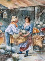 Beautiful Edwardian Italian School Watercolour - "Day at the Market"