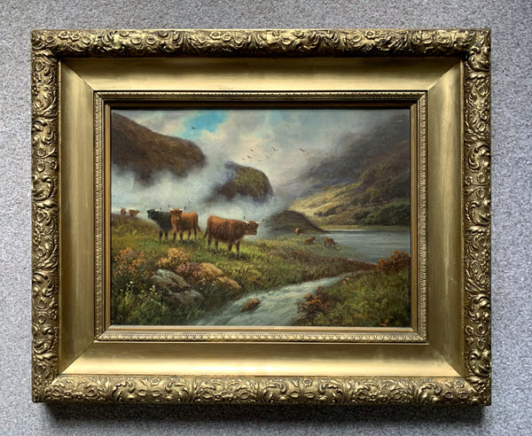 Victorian C19th Oil on Board Scottish School Painting of Highland Cattle in a Glen SOLD