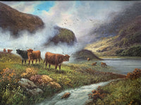 Victorian C19th Oil on Board Scottish School Painting of Highland Cattle in a Glen SOLD