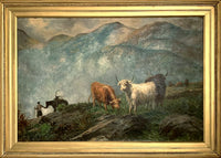 Large Victorian Oil on Canvas - Highland Cattle Grazing SOLD