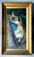 Victorian Oil on Canvas depicting Maidens peeking over a Wall 1896 SOLD