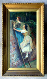 Victorian Oil on Canvas depicting Maidens peeking over a Wall 1896 SOLD