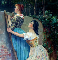 Victorian Oil on Canvas depicting Maidens peeking over a Wall 1896 SOLD