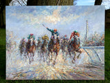 Stunning Large English Impressionist Oil on Canvas - " The Final Furlong" Equestrian Painting SOLD