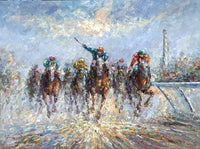 Stunning Large English Impressionist Oil on Canvas - " The Final Furlong" Equestrian Painting SOLD