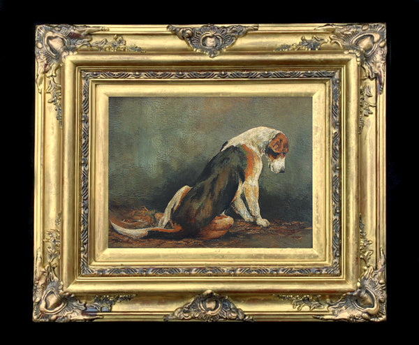 Vintage Oil on Board of a Foxhound resting in a Stable SOLD