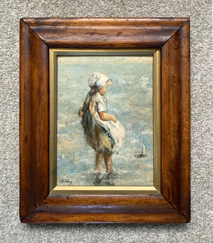 Fine Vintage Scottish School Oil on Board of a  Girl Paddling with 