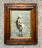 Fine Vintage Scottish School Oil on Board of a  Girl Paddling with "The Toy Boat"  SOLD