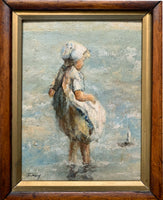 Fine Vintage Scottish School Oil on Board of a  Girl Paddling with "The Toy Boat"  SOLD