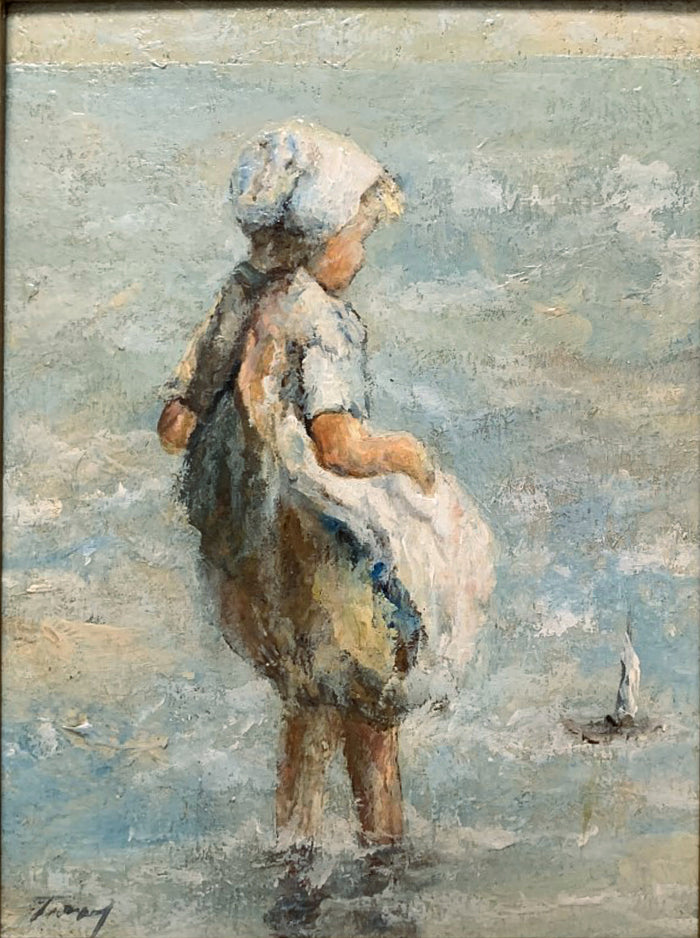 Fine Vintage Scottish School Oil on Board of a  Girl Paddling with 