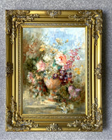 Exquisite Oleograph on Canvas - Impressionist Still Life of Flowers