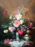 Exquisite Oleograph on Canvas - Flowers in an oriental Blue Vase