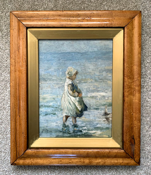 Fine Vintage Scottish School Oil on Panel of a "Girl & Toy Boat"  SOLD