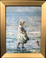 Fine Vintage Scottish School Oil on Panel of a "Girl & Toy Boat"  SOLD