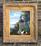 Stunning Large C18th Style Classicist Oil on Canvas - Peacock & Rabbit by a Plinth  SOLD