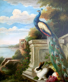 Stunning Large C18th Style Classicist Oil on Canvas - Peacock & Rabbit by a Plinth  SOLD