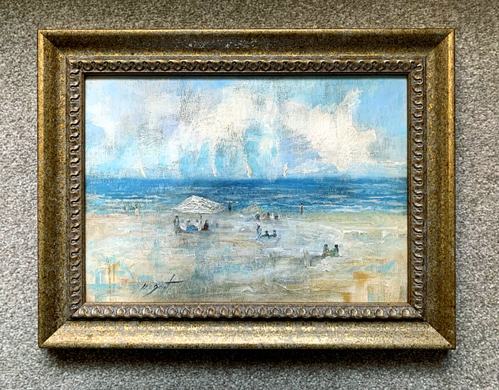 Vintage Oil on Board Impressionist Beach Scene 