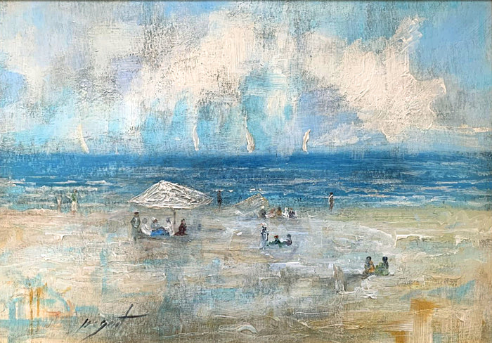 Vintage Oil on Board Impressionist Beach Scene 