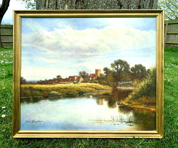 Beautiful Large Vintage English School Oil on Canvas - Rural Village Landscape SOLD