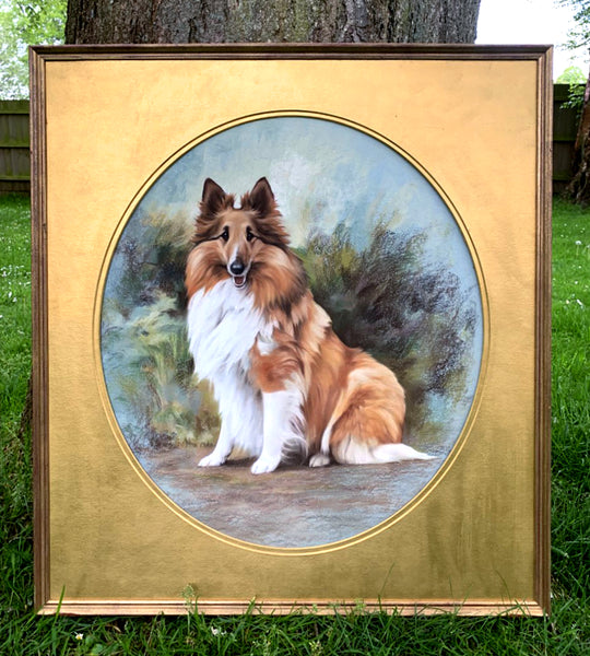 Fine Large Vintage Pastel Portrait of a Collie Dog