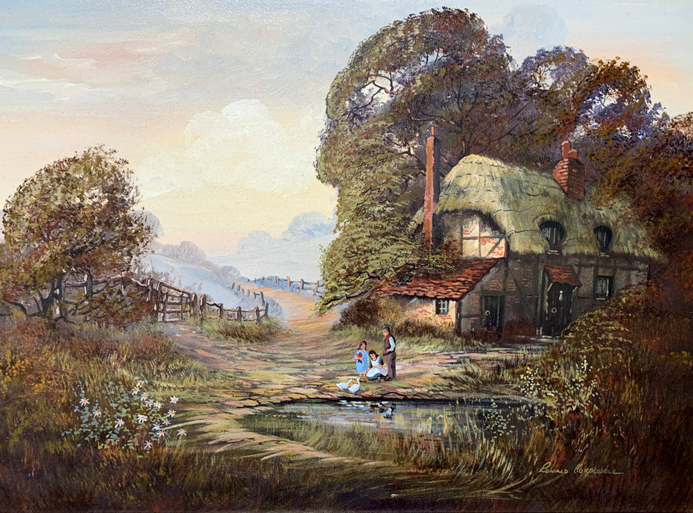 Beautiful Vintage English School Oil on Canvas - Figures by a Country Cottage - Ronald Horsewell SOLD