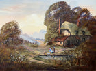 Beautiful Vintage English School Oil on Canvas - Figures by a Country Cottage - Ronald Horsewell SOLD