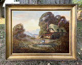 Beautiful Vintage English School Oil on Canvas - Figures by a Country Cottage - Ronald Horsewell