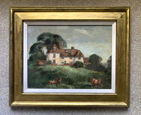 British 1950's Post Impressionist Oil on Board - Cattle before a Country Farmhouse SOLD