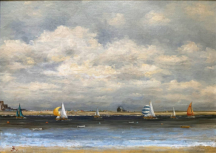 Fine Vintage English School Oil on Canvas Beach Scene - 