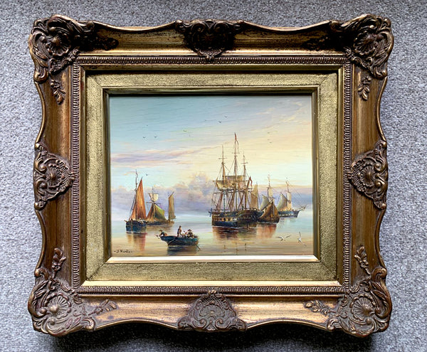 Exquisite Vintage Nautical Oil on Panel - Shipping at Anchor - J.Hardie SOLD