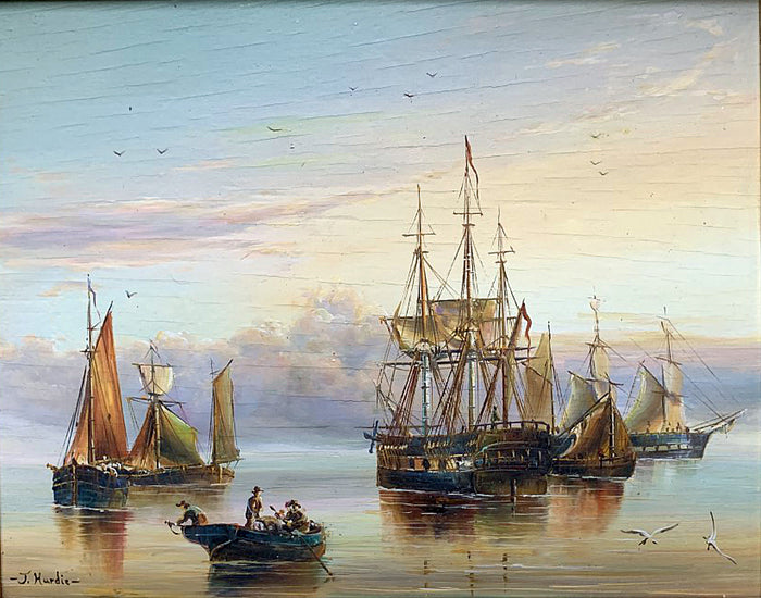 Exquisite Vintage Nautical Oil on Panel - Shipping at Anchor - J.Hardie SOLD