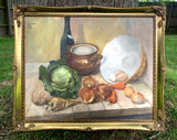 Exquisite Vintage French Still Life Oil on Board of Vegetables & Wine on a Bench SOLD