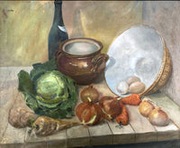 Exquisite Vintage French Still Life Oil on Board of Vegetables & Wine on a Bench SOLD